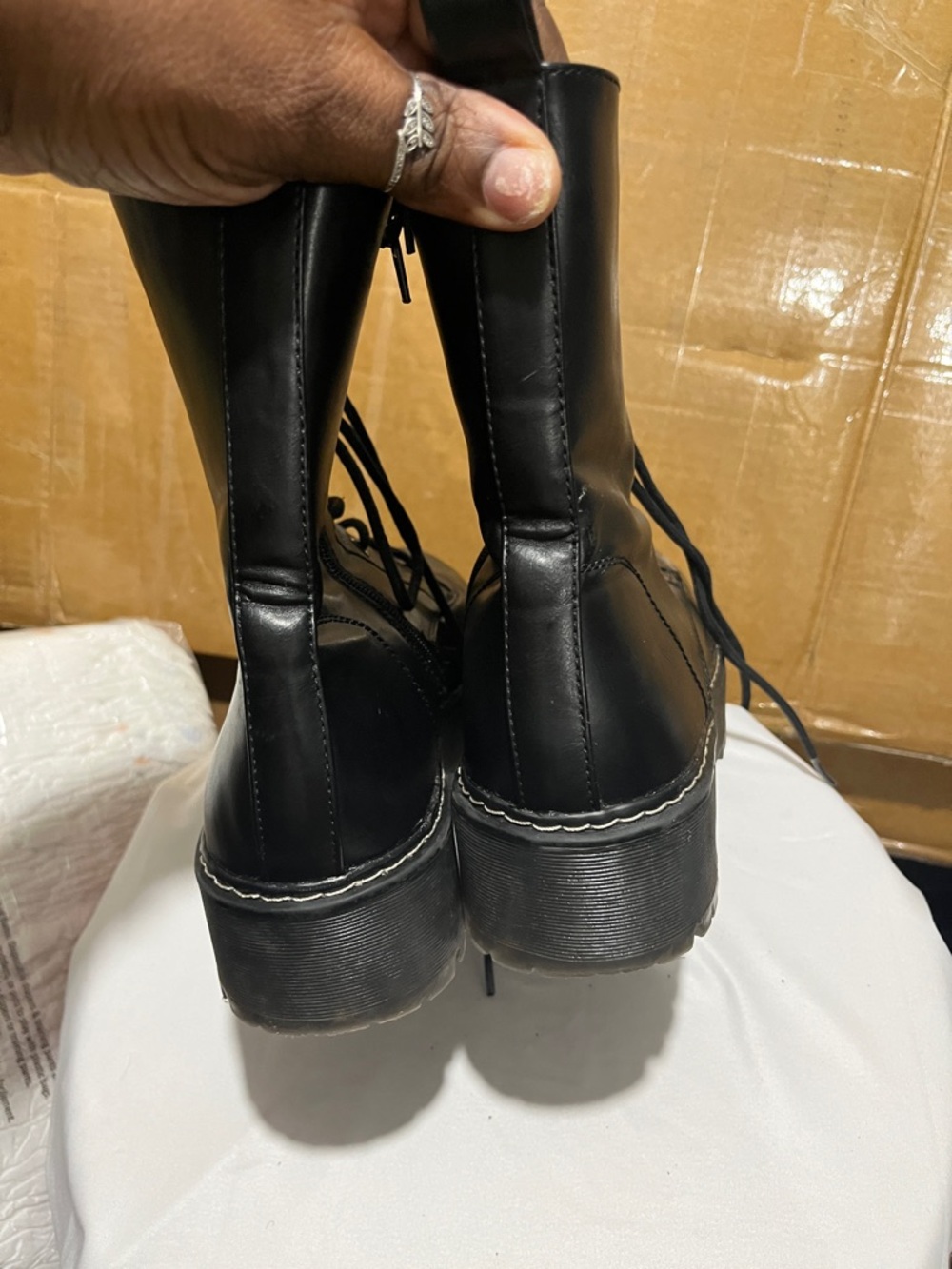 Black Combat Boots with Stitching - Picture 2 of 3